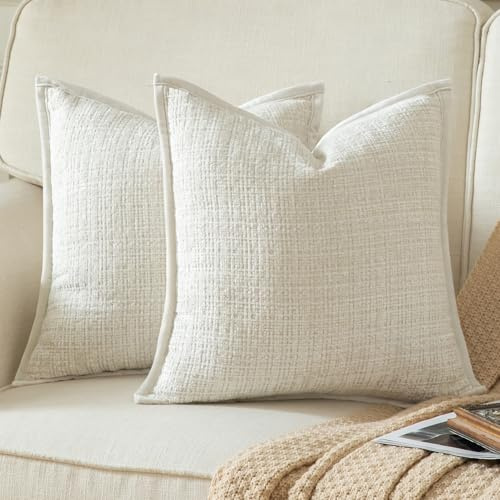 Yaertun 2er Set Kissenbezug Cremeweiß 45x45cm Chenille Kissenbezüge Kissenhülle Dekokissenbezug sofakissen dekokissen deko Samtrückseite für Sofa Schlafzimmer Wohnzimmer Weiche Gemütliche