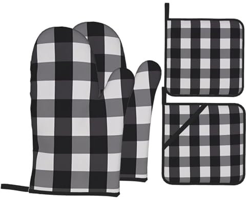 Set di 4 guanti da forno e presine in tartan bianco e nero per la massima sicurezza e praticità in cucina