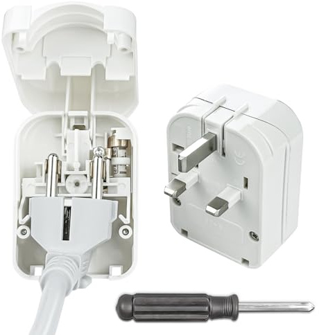 Euro to UK plug adaptor, Euro earthed to UK plug adapter | European to UK plug adaptor 13A Fused, Adapter plug EU to UK with Screwdriver White