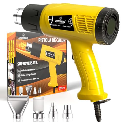JPCFUSSION Pistola termica 2000 W | 2 livelli di temperatura 400-600 °C | Kit Premium + 4 ugelli | Manuale in spagnolo | Pistola ad aria calda per legno, vernice e plastica