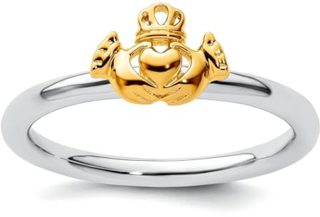 Bague empilable en argent sterling 925 poli plaqué jaune irlandais Claddagh celtique nœud de la Trinité pour femme, US 10 | EU 62.5 | DE 20 | JP 20 | UK T 1/2, Métal Argent Argent sterling, Aucune