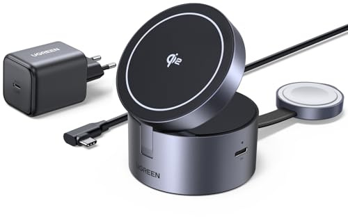 UGREEN MagFlow Qi2 15W 3-i-1 magnetisk trådlös laddare med MagSafe | Qi2-certifierad laddningsstation, kompatibel med iPhone 17-12, AirPods, Watch, 70° justerbar, med 45W nätadapter och kabel