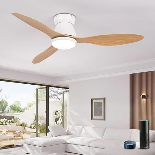 KeLuKes Ventilador de Techo con Luz Compatible con Alexa Dc 106cm Smart Lampara Ventilador Techo Diseño Silencioso Regulable Grano de Madera para Salón Dormitorio, Blanca