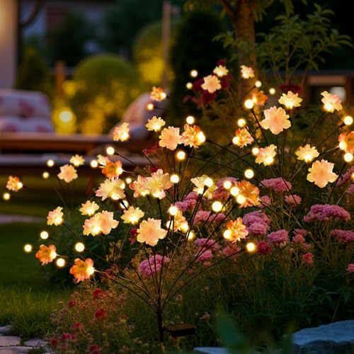 Patiopia Set med 6 vattentäta solcell-trädgårdslampor med blommor som svänger med 60 LED, trädgård med ljusflugor för allé, gård, uteplatsdekoration (varm vitt)