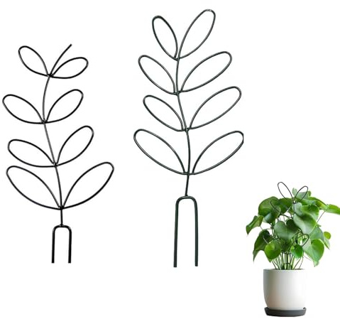 Shirene Lot de 2 tuteurs en métal pour plantes d'intérieur, support de plantes grimpantes pour pots de plantes d'intérieur, support de pot de fleurs pour l'extérieur, noir