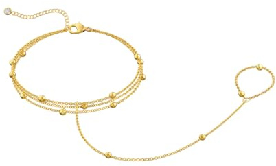 Rainway Cadena de mano de oro con anillo para mujer, pulsera chapada en oro de 14 quilates con anillo para los dedos, ajustable, colgante, brazaletes con anillo, joyas de moda para regalo