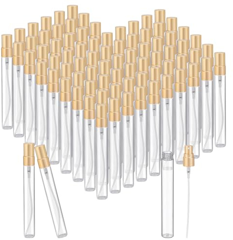 PH PandaHall 50 botellas de perfume de vidrio de 10 ml, mini botellas de spray de tamaño de viaje, transparentes, recargables, vacías, atomizador de perfume con tapa dorada para viajes, aceites
