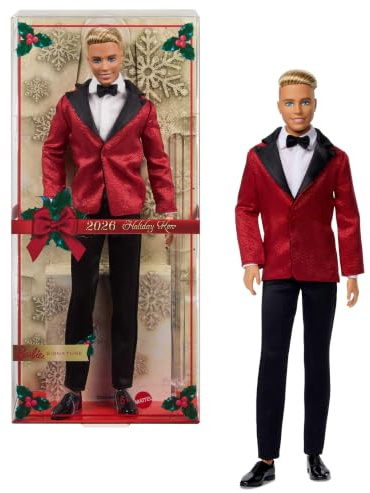 Barbie Signature 2026 Holiday Blonde Ken Collectible Fashion Doll Wearing Full Suit with Red Jacket in Displayable Packaging & Doll Stand​​