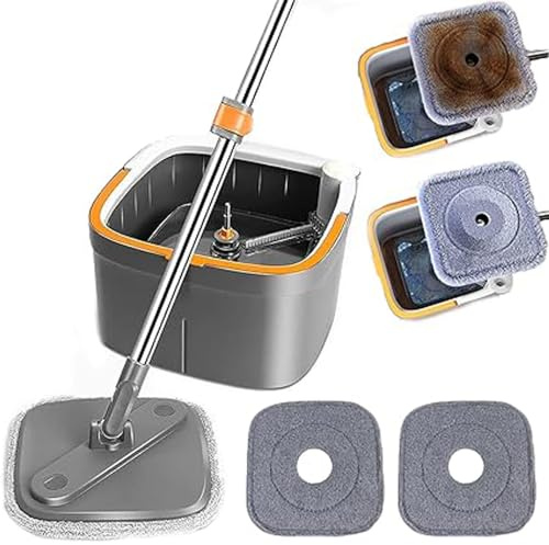 Wakects Juego de Cubo Giratorio para Fregona, Fregona de Microfibra con Cabezal Flexible de 360 ​​Grados, Ideal para Limpieza del Hogar y la Oficina (2 Almohadillas para trapeador)