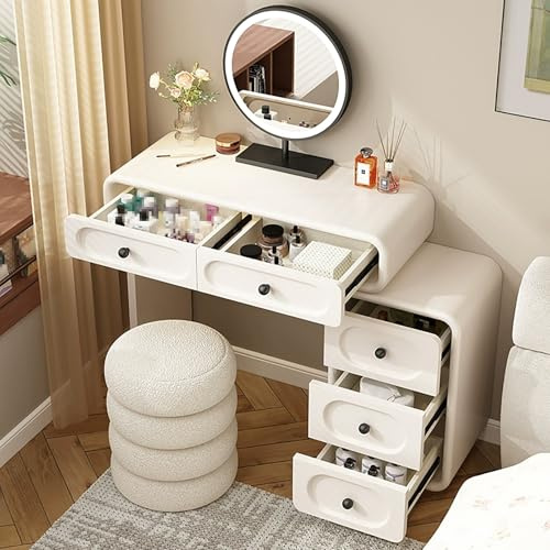 LIMENQIN Sminkbordsset, modernt sminkbord med 5 lådor, sminkbord möbler med smart LED-spegel och stol, för sovrum (vit, 80 cm/31,5 tum)