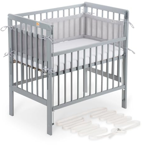 FabiMax Boxspring Baby Beistellbett Flex 90x55, aus Buchenholz grau lackiert, mit innovativem verstellbarem Seitengitter, passend für Boxspringbetten (Matratze Comfort, Grau)