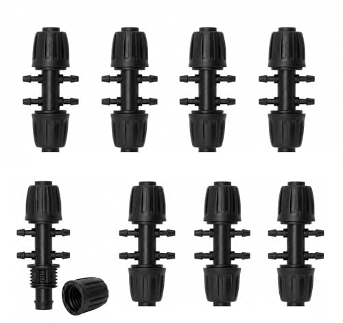 JYYWTSI 8 Piezas Conector Riego por Goteo 6 Vías, 16mm a 4/7mm Micro Drip Conector de Reducción, Conector con Púas y Tapones PP Negro Antigoteo para Tubo de Riego y Sistema de Riego