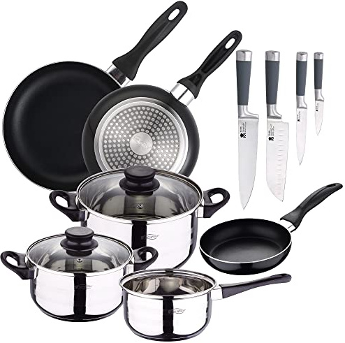 San Ignacio 3 5PZS Set Tres sartenes + Batería de Cocina 5 Piezas + Juego de Cuchillos, Cromado
