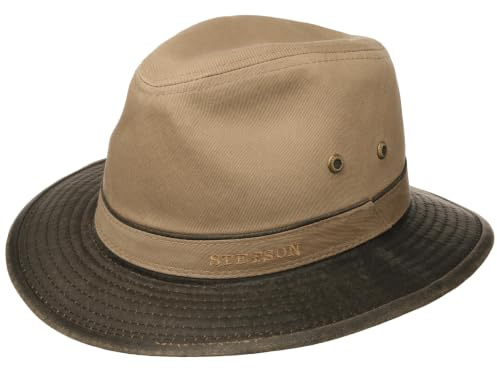 Stetson Traveller Herren Sonnenhut Packable Knautschbar Used Look Markenstickerei Stoffhut Frühjahr Sommer Dunkelbeige XL (60-61 cm)