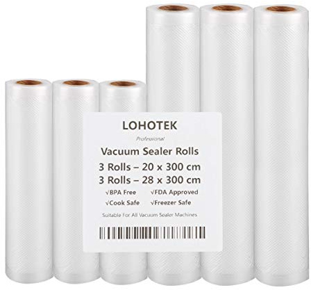 Envasadora al vacío, rollo profesional, apto para todos los envasadores al vacío, 20 cm x 300 cm, 3 rollos y 28 cm x 300 cm, 3 rollos resistentes a la ebullición, apto para microondas y Sous Vide-