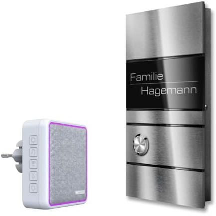 Metzler Funkklingel Edelstahl inkl. Gravur, Funk-Gong & Batterien - Aufputz-Türklingel (1 Steckdosen-Empfänger)