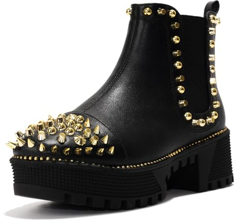 Cape Robbin Women's Platform Combat Boots Pull-on Ankle Booties, Studded Goth Punk Boots with Spiky Design & Chunky Heel (Spiky) - Black Gold Size 9