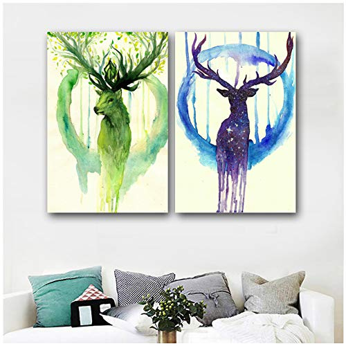 XIANGPEIFBH Leinwand Malerei Aquarell Tier gelb blau Hirsch Bilder für Wohnzimmer Home Decor Poster Drucken Gemälde 60x80 cm x2 / 23,6 x 31,5 Kein Rahmen
