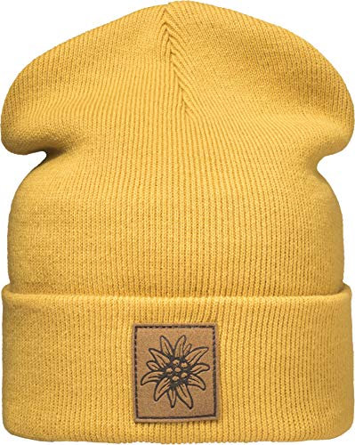 Baddery Outdoor Strickmütze: Edelweiß mit Leder Patch - Bergsteigen Klettern Bouldern Sport Wandern Wintermütze Beanie Mütze Damen & Herren Geschenk (One Size Gelb)