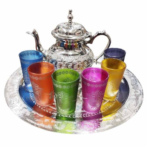 Horus Artesanía de Egipto Komplettes marokkanisches Teeservice - Teekanne aus deutscher Silber oder Alpaka 800 ml Tablett 35 cm plus 6 bunte Glasbecher