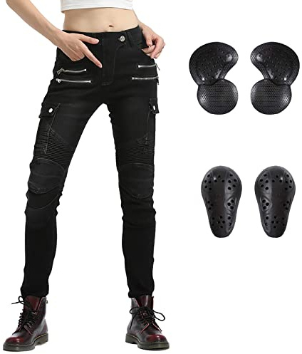 LOMENG Women Motorcycle Riding Pants Motocross Cycling Jeans Slim Stretch Pants CE Knee Hip Removable Armored Black EU28