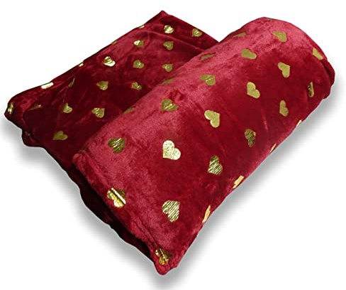 Home Tresor - Coperta Divano- Plaid Divano, Vellutata Microfibra, cm. 130x160, Bordeaux con Cuori Oro