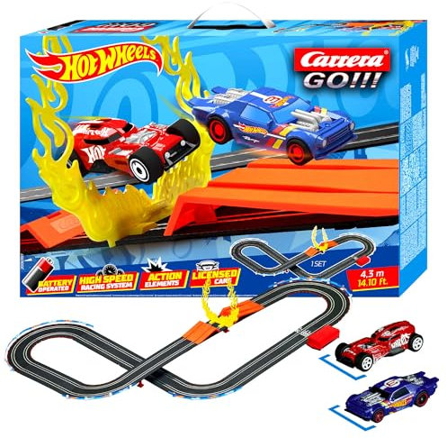 Carrera Go!!! Hot Wheels™ Rennbahn Set | Feurige Rennaction | Duell Night Shifter™ & HW50 Concept™ | Sprungschanze mit Feuerring | 4.3 m Streckenlänge | 1:43 Maßstab| Ab 5 Jahren
