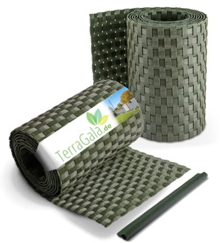 TerraGala Rattan Sichtschutz-Streifen | 2 Stück | Grün | 255cm x 19cm | Sichtschutz für Stabmattenzaun | Polyrattan Sichtschutz mit Flechtoptik | inklusive Befestigungsclips