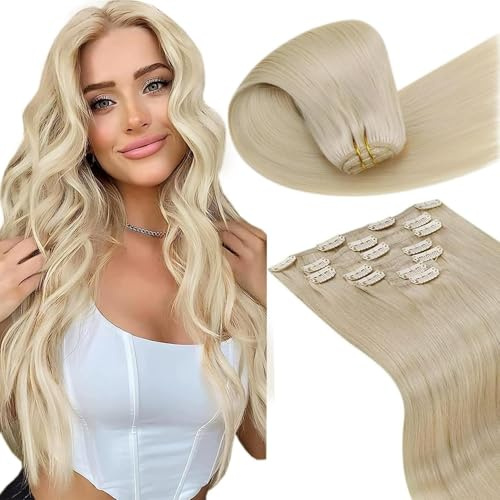 LaaVoo Clip in Extensions Echthaar Bleach Blonde Remy Echthaar Extensions Clips Doppelt Tressen 40cm 7pcs 120g #613