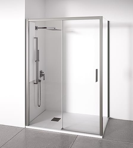 Mampara de ducha angular 1 corredera + 2 fijos - sin perfilería inferior - Cristal transparente templado 6mm - Plata Brillo - Ancho adaptable 155-160 x 77-80cm - Posición puerta derecha - Alto 195cm