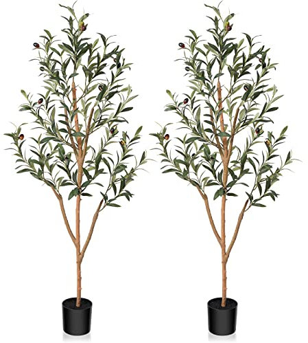 Kazeila Olivenbaum Künstlich 120cm Kunstpflanze Groß Künstliche Pflanzen Fake plastikpflanzen im Topf für Home Decor Zimmerdeko Schlafzimmer Dekoration(2Pack)