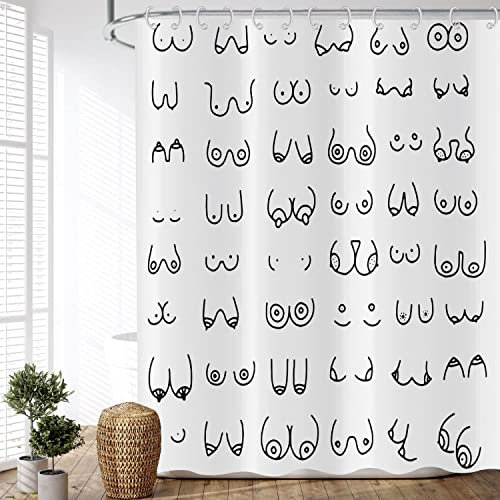 ASDCXZ Duschvorhang Schwarz Weiss 180x200 cm, Modern Einfach Lustig Schwarz Weiß Graffiti Linien Waschbar Stoff Bad Duschvorhänge Polyester Textil Wasserdicht Duschvorhang für Badewanne mit 12 Haken