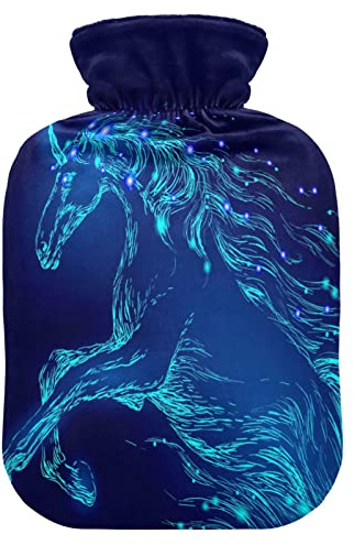 Blaues leuchtendes Pferd Einhorn Wärmflasche mit Bezug, weich warm für Winterbett, Hand, Hals und Schultern, 2 l