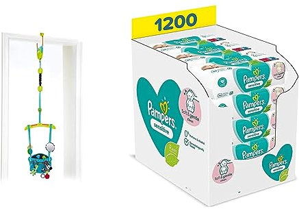 Bright Starts, Deluxe Türhopser mit sicherer und stabiler Türrahmenklemme & Pampers Sensitive Baby Feuchttücher, 1200 Tücher (15 x 80)
