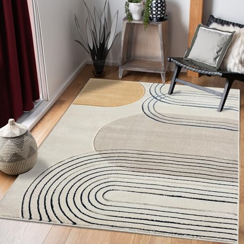payé Teppich Wohnzimmer Kurzflor Beige - 120x170cm - Boho Geometrisch Modern Skandinavisch Wohnteppich Schlafzimmer