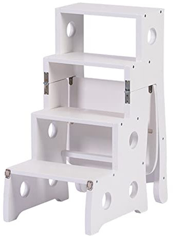 Leiter- und Stuhlkombination für die Bibliothek, zusammenklappbarer 4-Stufen-Leiterstuhl, Holzleitern, Hocker, Innenkletterleiter, Stufen, Bücherregal, Pflanzenständer, (weiße Farbe)