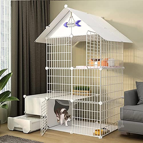 SZITW Katzenkäfig, Katzenkäfig mit Tür und geschlossener Katzentoilette, Haustier-Laufstall, Katzengehege für den Innenbereich, Faltbarer Zaun, Hofbarriere für kleine Haustiere