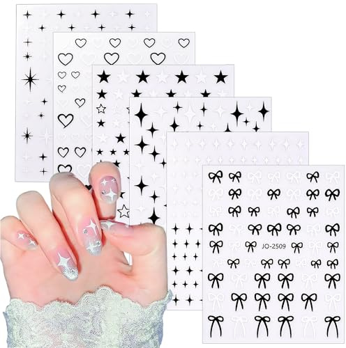 CHANGAR 6 Blatt Sternenlicht-Nagelaufkleber, schwarz, weiß, Stern, Schleife, Herz, Nagelabziehbilder, Schleife, Nageldesign, Sternenlicht-Nagelzubehör für Frauen und Mädchen, Maniküre