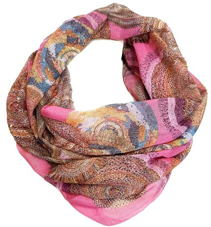 J26 Paisley Blume Rose Seide Glitzer Gold Sommer Frühling Loop Verlauf Regenbogen Rainbow Silk Uni Rundschal Schlauchschal Stola Schal leicht (Glitzer#2 Pink)