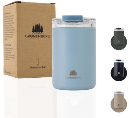 Groenenberg Thermobecher 320 ml | Kaffeebecher to go 100% Auslaufsicher | Hält mind. 4 h warm | Coffee to go Becher aus recyceltem Edelstahl (Sky)