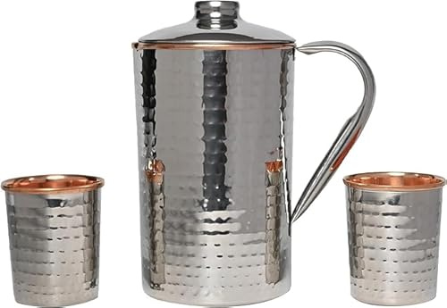 Wasserkrug aus Edelstahl und reinem Kupfer mit 2 passenden Bechern für Ayurveda-Gesundheitsvorteile (150 ml). (gehämmertes Muster)