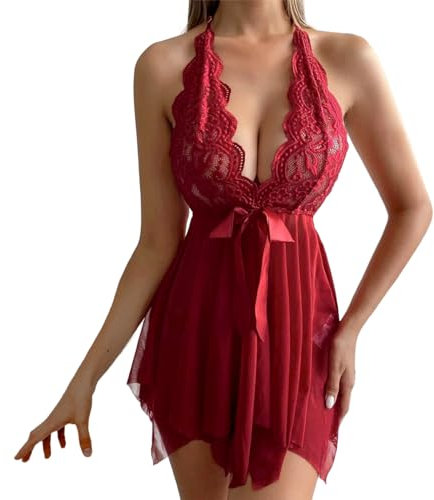 Satohom Women Sexy Lace Halter Chemise Babydoll Lingerie 2 Pieces Open Front Sleepwear V-Neck Nightdress with G-String Mesh Nightwear Set Ladies Lace Cup Pyjamas Soft Teddy Split Negligees Red Wine