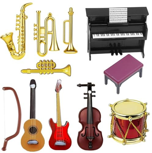 Mini strumento musicale per casa delle bambole, 11 pezzi, mini strumento musicale per casa delle bambole, in miniatura, 1:12, pianoforte, chitarra elettrica in miniatura, violino, tromba, sassofono