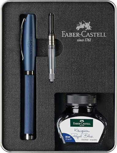 Faber-Castell 149625 - Schreibset Essentio Aluminium Blau, mit Füller M, Tintenfass 30 ml und Konverter