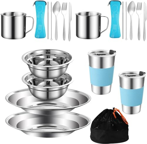 20PCS Camping Geschirr Mess Kit Edelstahl Utensilien für 2-3 Personen | Camping Besteck Set beinhaltet Platte Schüssel Cup Löffel Gabel Messer mit Mesh Tasche für Backpacking
