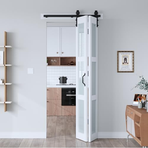 EaseLife 36x 84 (Double 18 x 84) Bifold Barn Door, Bifold Sliding Barn Door with Hardware Kit, Solid MDF Wood Slab Covered with Water-Proof PVC Surface, Frosted Glass Panel, Assembly Required