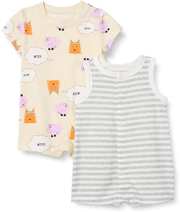 Amazon Essentials Unisex Babies' Sleeveless and Short-Sleeved Romper Set, Pack of 2, Beige Dogs/Heather Stripes, 18 Months