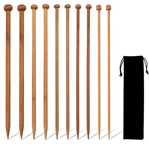 10 Pcs Bamboo Knitting Needles Set - 5 Sizes (10mm, 8mm, 6mm, 5mm, 4mm) With Storage Bag for Hand Weaving