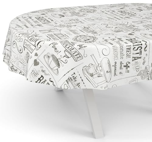 ANRO Wachstuchtischdecke Wachstischdecke Wachstuch Tischdecke abwaschbar Gartentischdecke Wasserabweisend Oval 180x140cm Schnittkante Barista Weiß