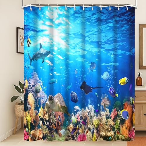 Xiaoterna Meeresleben Duschvorhang 3D Unter dem Meer Meerestiere Badvorhang Ozean Unterwasser Fisch Delfin Schildkröte Hai Waschbar Duschvorhang Schimmel und schimmelpilzbeständiger Stoff 240x180cm